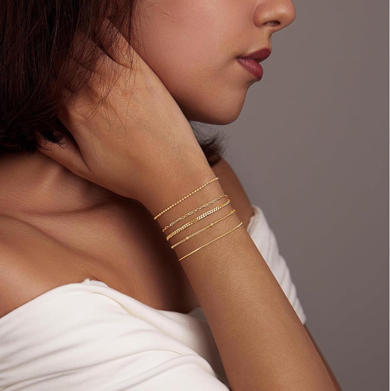 Poxtex Gold Bracelets Set for Women Stack, Dainty Thick Bracelets Stack for Women Trendy, Simple Thin Gold Plated Cuff Stackable Bracelets With Beaded Cuban Paperclip Snake Rope Bangle Hand Chain Jewelry Gifts for Women Non Tainish - Image 3